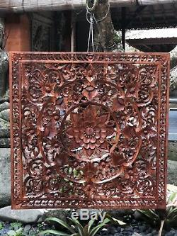 XL 40 Square Wood Relief Panel Hand Carved Flower Wall Sculpture Floral Carving