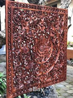 XL 40 Square Wood Relief Panel Hand Carved Flower Wall Sculpture Floral Carving