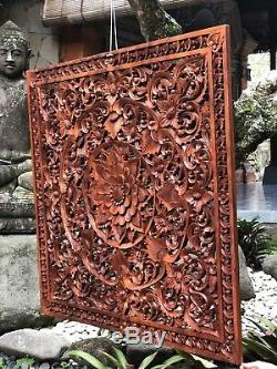 XL 40 Square Wood Relief Panel Hand Carved Flower Wall Sculpture Floral Carving