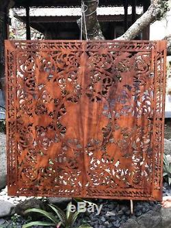 XL 40 Square Wood Relief Panel Hand Carved Flower Wall Sculpture Floral Carving
