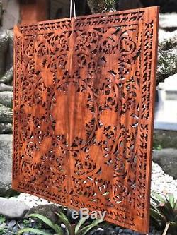 XL 40 Square Wood Relief Panel Hand Carved Flower Wall Sculpture Floral Carving