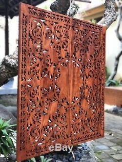 XL 40 Square Wood Relief Panel Hand Carved Flower Wall Sculpture Floral Carving