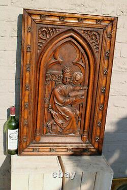 XL french antique wood carved neo gothic elements saint figurine panel wall