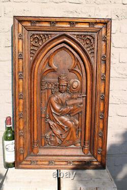 XL french antique wood carved neo gothic elements saint figurine panel wall